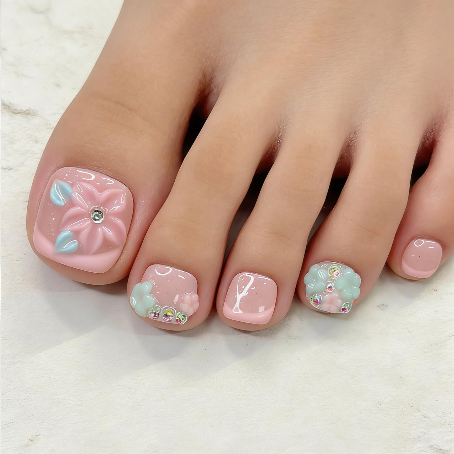 10 Pcs Handmade Luxury Press on Toenails with Handmade 3D Bling Rhinestones & Flower Designs Short Square Stick on Toe Nails Pink French Tip Fake Toe Nails for Women Manicure Decor (S)
