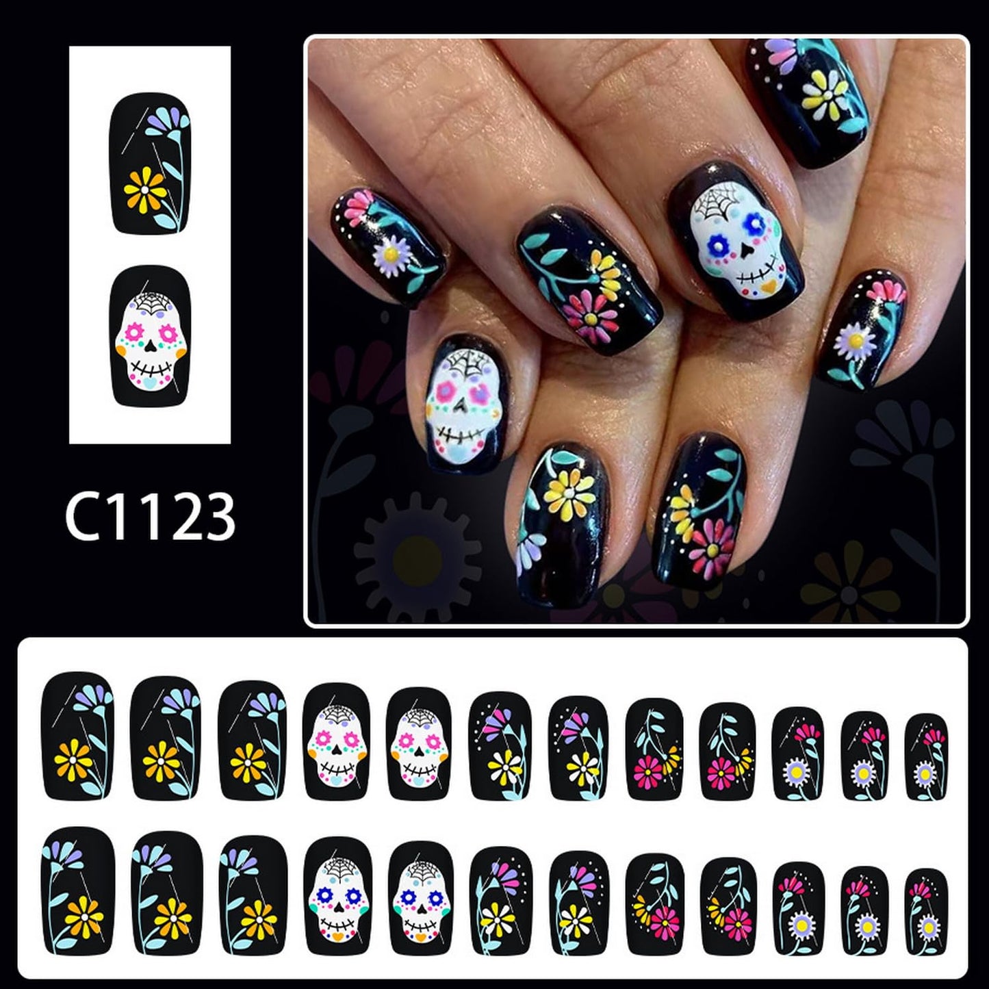 Skull Day of the Dead Press on Nails Black Fake Nails Short Square False Nails with Flower designs Acrylic Nails Full Cover Horror Stick on Nails Halloween Glue on Nails for Women Manicure24pcs