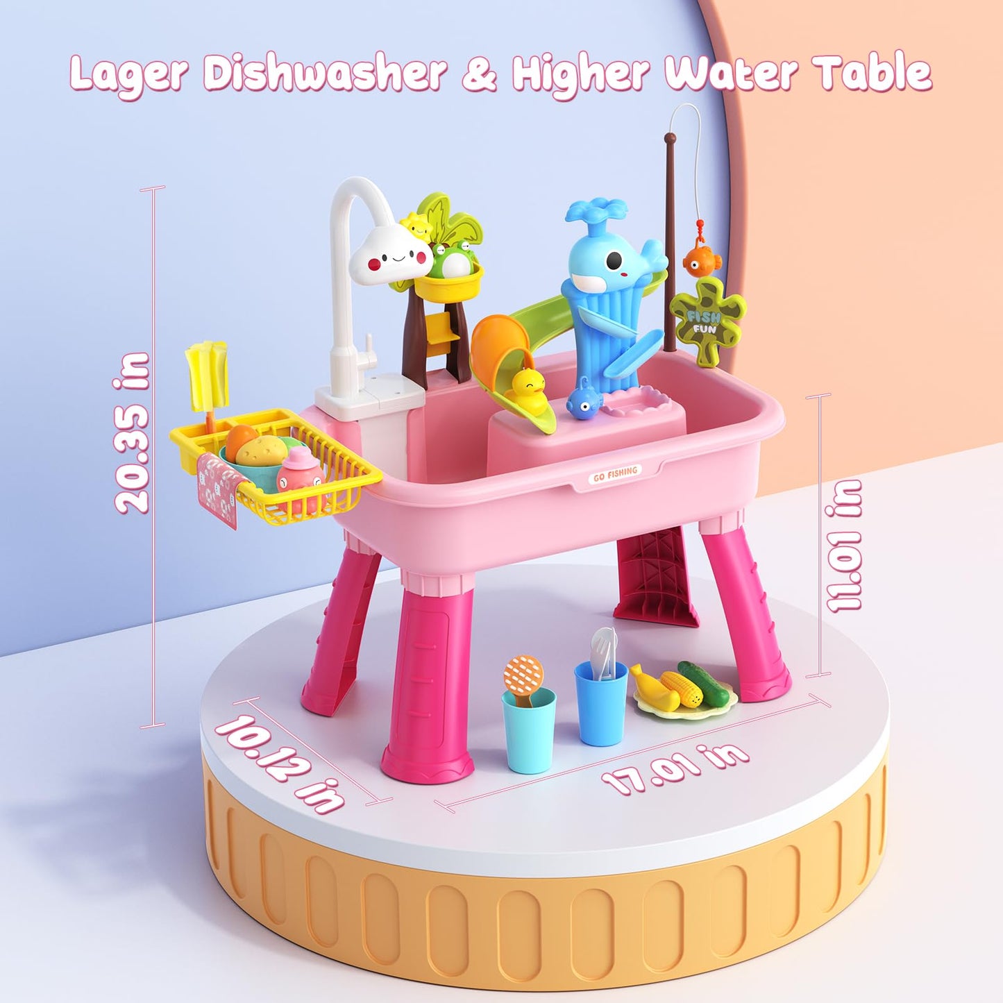 GGRH 2026 Upgraded Water Table for Toddlers 1-3 - Outdoor Toys for Kids Ages 4-8 with Pump, Summer Outside Sensory Activity Pool Toys, Kitchen Play Sink Toy with Running Water, Fishing Toy, Pink