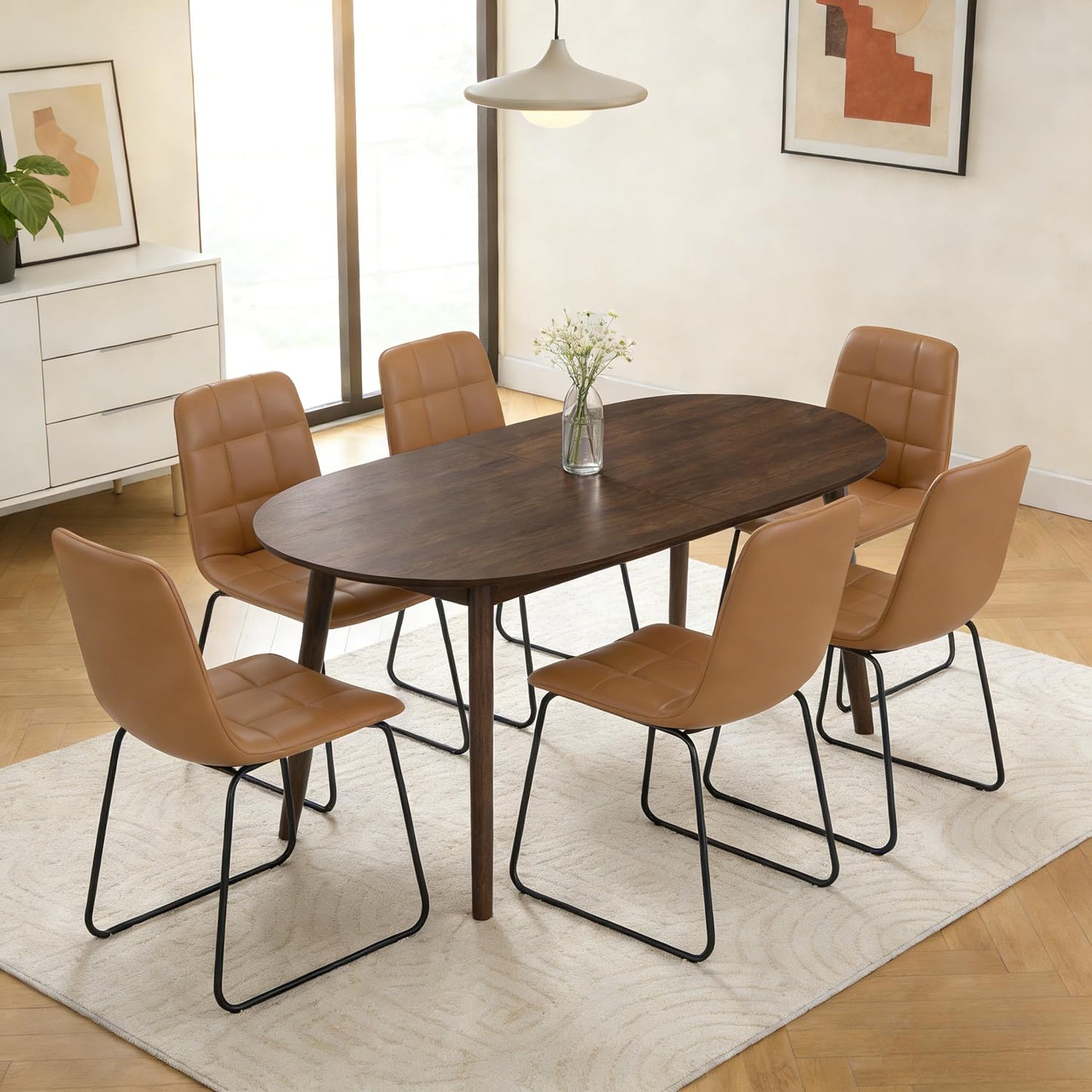 63" Oval Dining Table Set for 6, 7 Piece Modern Dining Table Set for Kitchen and Dining Room, Solid Wood Legs Dining Table with 6 Checkered PU Leather Dining Chairs（Walnut Table+6 Brown Chairs)