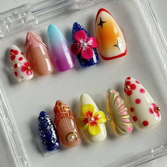 10pcs Handmade Press on Nail Almond Shape Fake Nails with Colorful designs Stick on Nail Summer False Nails 3D Flower Press ones Full Cover Acrylic Glue on Nails for Women Beach Decor（m Size）