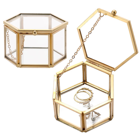 AMGSH 2 Pack Small Golden Vintage Glass Keepsake Box | 3.1 x 2.5 x 1.7 Inch Compact Jewelry Lidded Box Decorative Glass Boxes for Display,Clear Hexagonal Box Rings Bracelet Earring Organizer