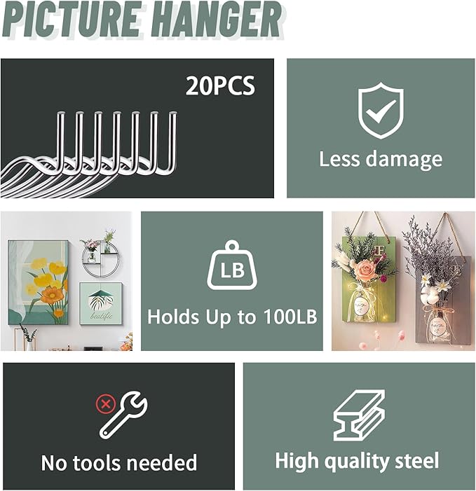 FURHUA 20pcs Super Hook Picture Hangers and Office Pack, Drywall Hooks for Hanging Pictures, Wall Hooks, Picture Hangers, Picture Hanging Kit，Hang Art, Clock, Shelves, Mirrors