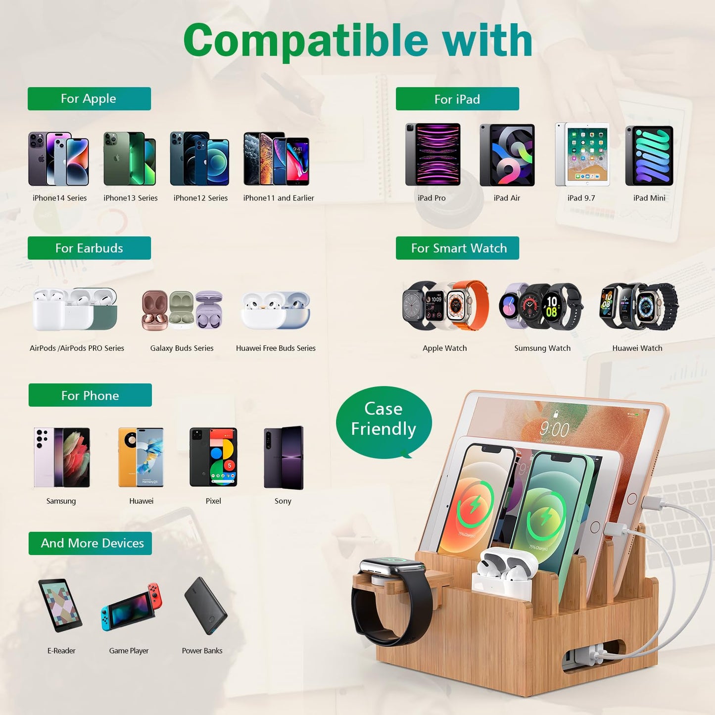 Pezin & Hulin Bamboo Charging Station for Multiple Devices with 5 Port USB Charger, 5 Cables, Smart Watch & Earbuds Stand, Desk Docking Stations Electronic Organizer for Cell Phone, Tablet