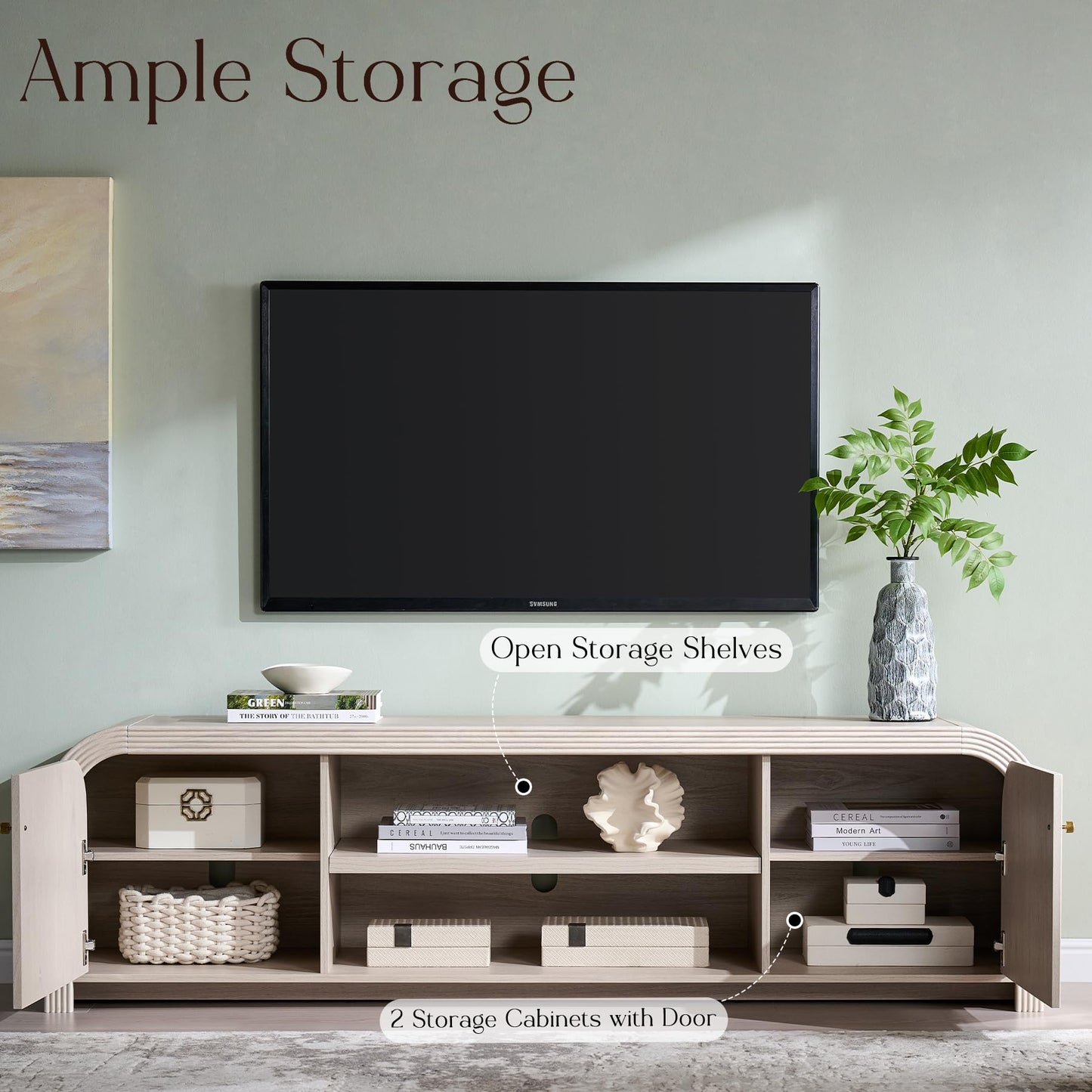 T4TREAM 70" Modern Fluted TV Stand, Long TV Table Entertainment Center with Storage, Media Console for Living Room with Door and Adjustable Shelves (Alder White)