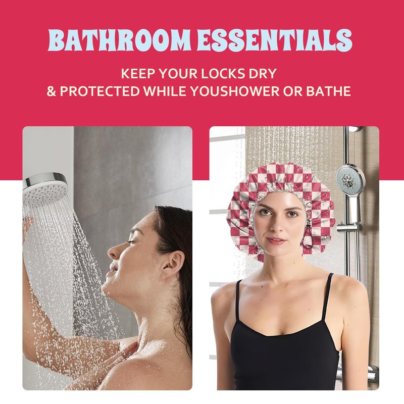 BHAHB Luxury Shower Cap Satin Lined Reusable Waterproof Double Layer Elastic Adjustable Hair Bath Cap Cute Aesthetic Women Girls-Pink Checkered
