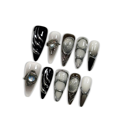 Hantyer Gothic Press on Nails with Tools Kit, 10pcs Long Stiletto Glossy Nails in Black & Metallic Silver, Hand-Painted 3D Art & Round Cat Eye Charms, Edgy Style for Concerts & Parties (Size S)