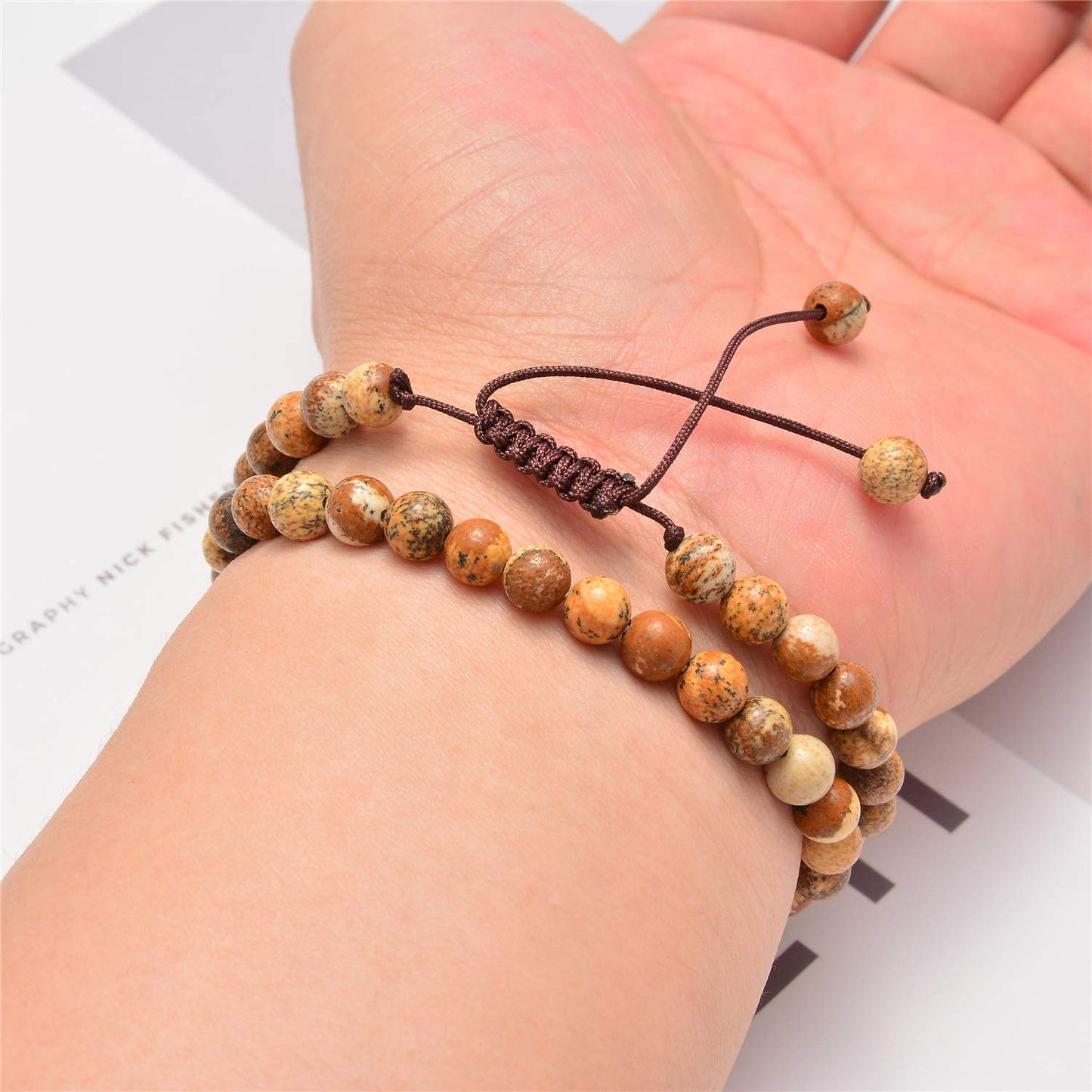 NCB 100pcs Natural Stone Beads Round Loose Beads 6mm with Elastic String and Beading Needle for Jewelry Making DIY Bracelet Necklace, Stretch Unisex (Yellow Picture Jasper, 6mm 100Beads)