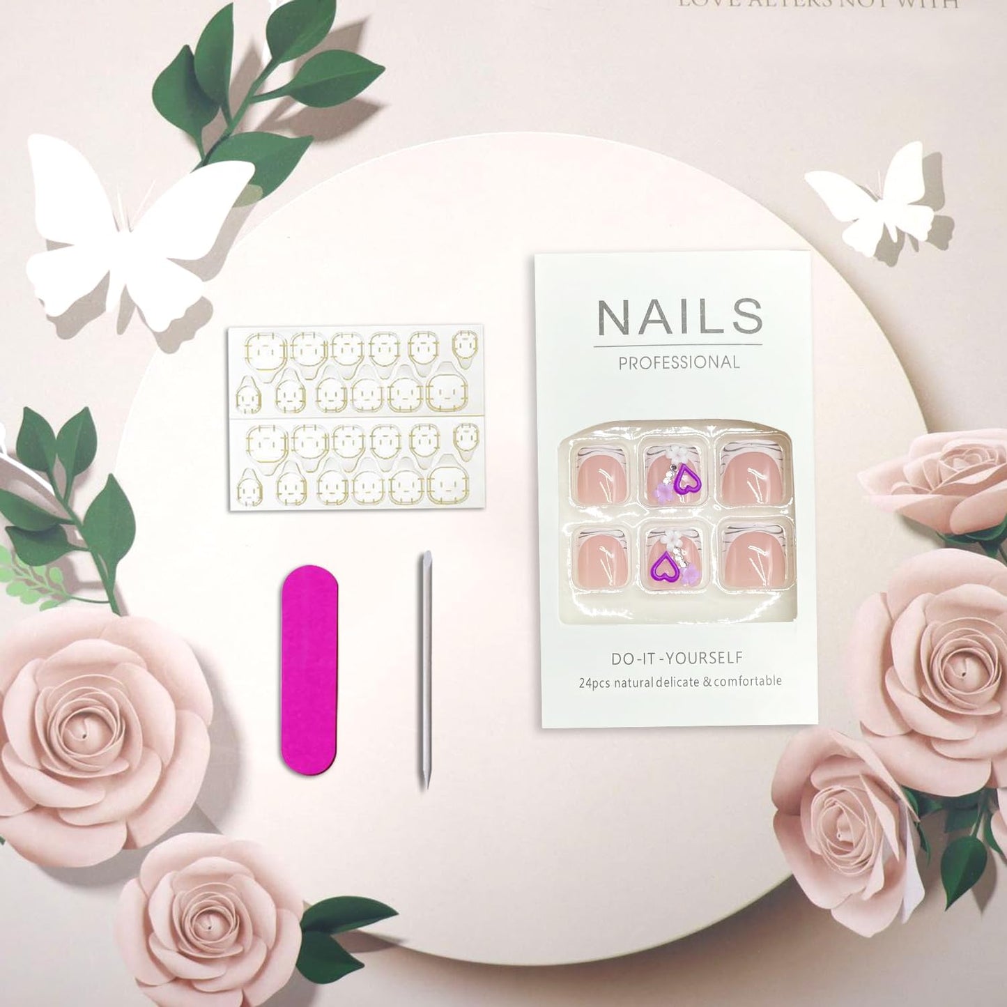 3D Heart Flower Press on Toenails Summer False Toenails French Tip Toe Nails Rhinestones Toe Nails for Women