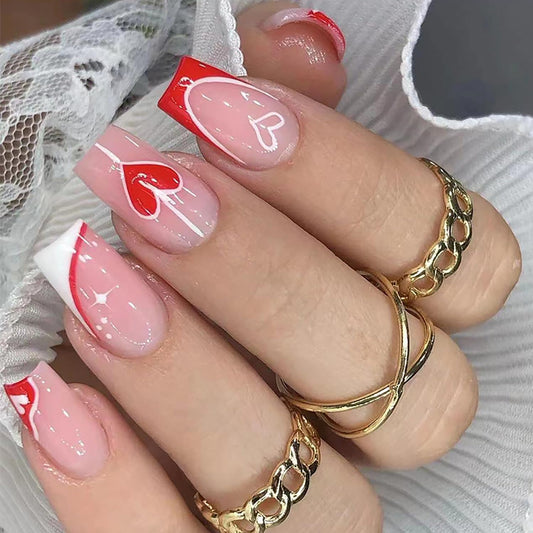 Vezocim French Tip Square Medium Press on Nails 24Pcs Glossy Full Cover Artificial Pink Fake Nails with Red Heart Designs Acrylic Coffin False Nails Glue Fingernails with Charm for Women Girls