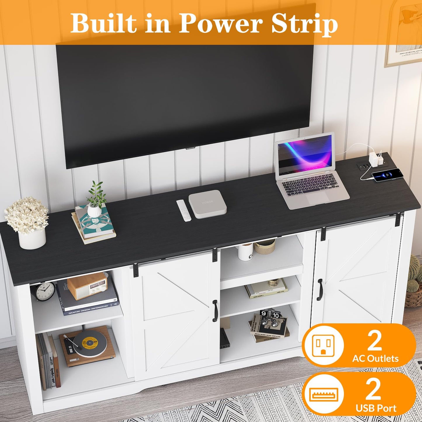 GarveeLife 70 in Farmhouse TV Stand with Power Outlets for Televisions Up to 80 in TVs, Sliding Barn Door & Large Storage Cabinets with Adjustable Shelf, 32 in Tall TV Media Console, White