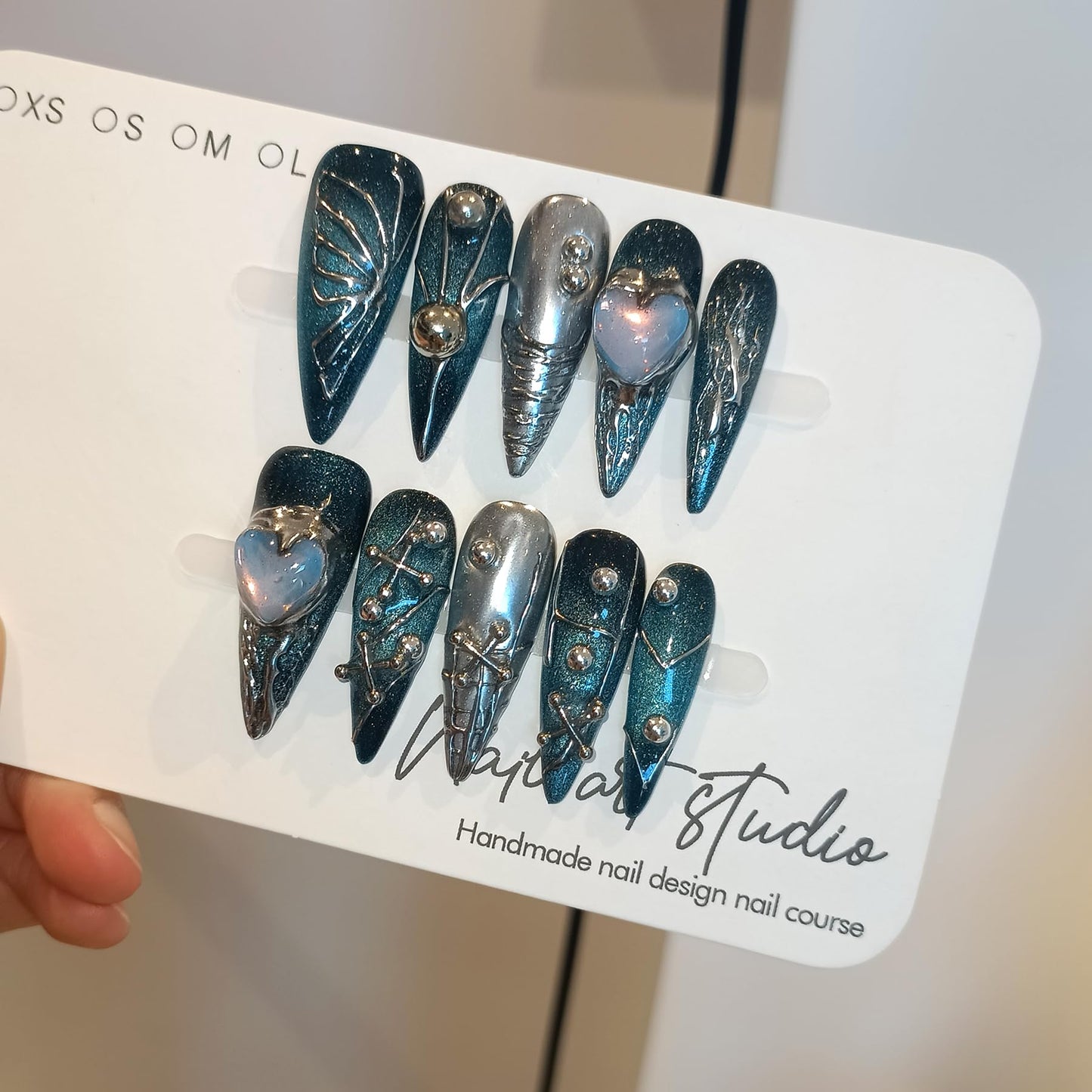 TENPAL Handmade Press on Nails Long Stiletto,Galaxy Ombre Blue-Black Fake Nails with 3D Butterflies Cross Beads Gem Stones,Edgy Y2K Metal Embossed Meteor Glitter Design Salon False Nail Kit 10pcs(M)