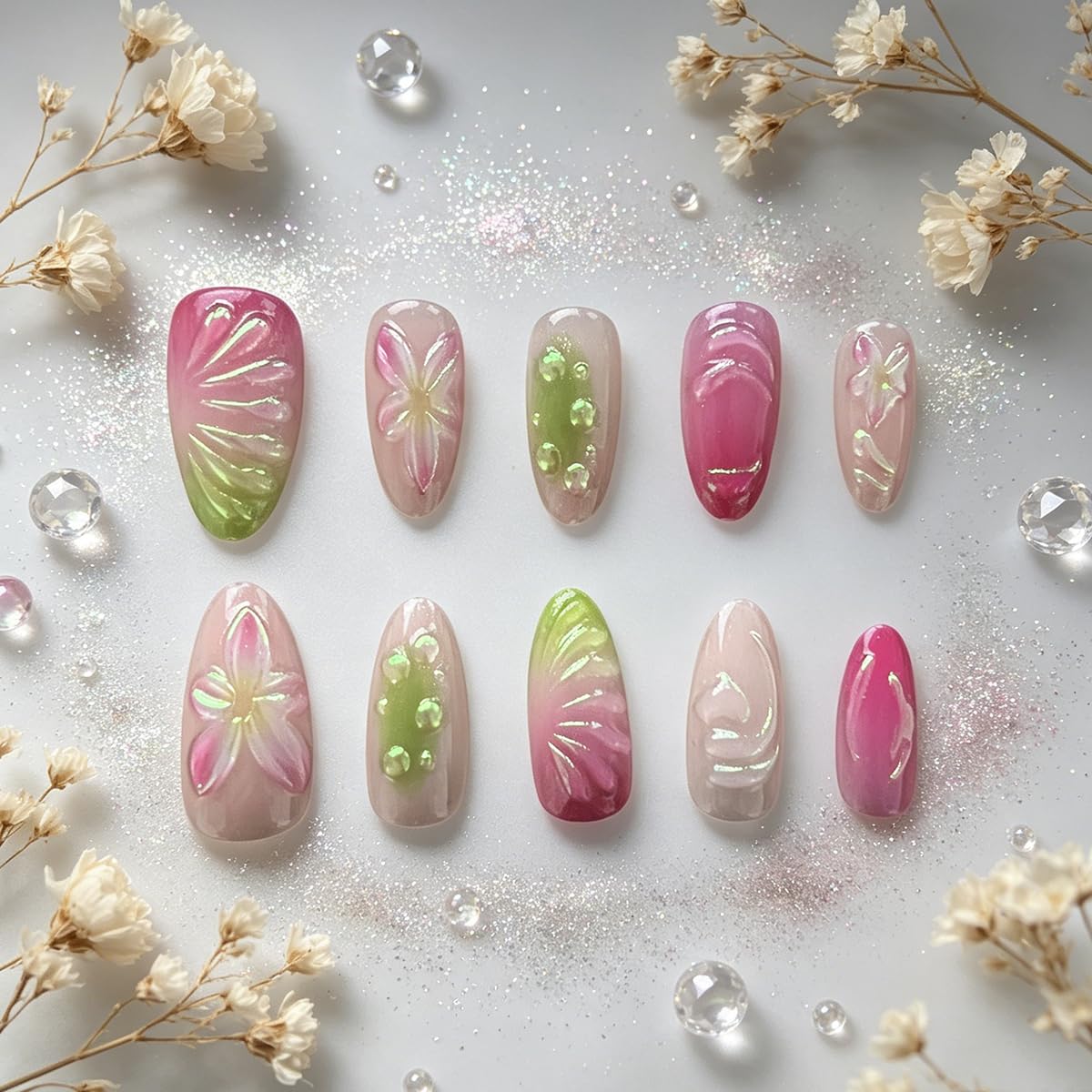 3D Press On Nails Almond Medium Light Pink Fake Nails with Embossed Lines Flower Cat's Eye Designs, Acrylic Artificial Nail Press ons False Stick On Nails for Women Girls 30Pcs