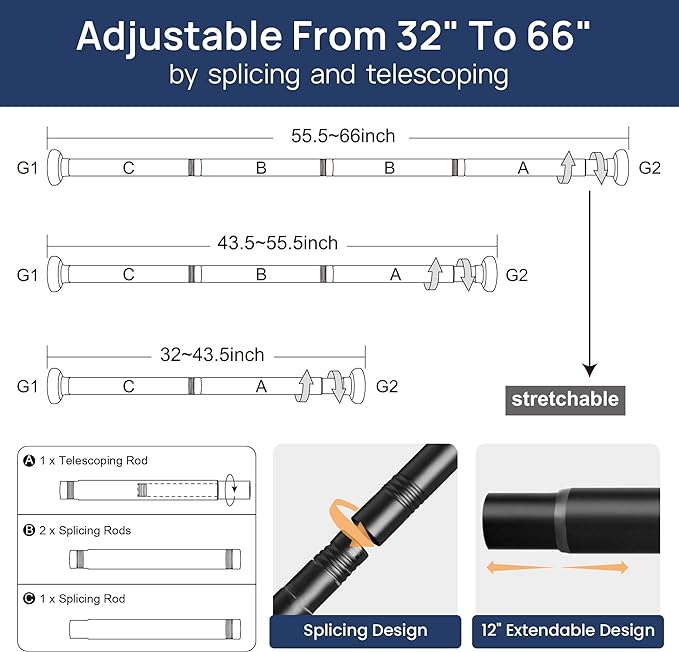 ENJOYBASICS 2 Pack Adjustable Spring Tension Curtain Rods 32 to 66 Inches, Stainless Steel Matte Black Shower Rod No Drilling for Window, Bathroom, Closet, Room Divider, 7/8" Diameter