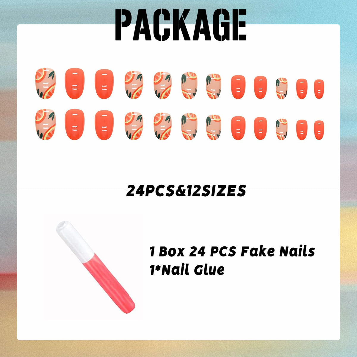 IMSOHOT Oval Short Press on Nails Orange French Tips Fake Nails Fresh Fruit Designs Nude Glossy Round Acrylic False Nails with Designs Cute Stick on Nails for Women and Girls 24Pcs
