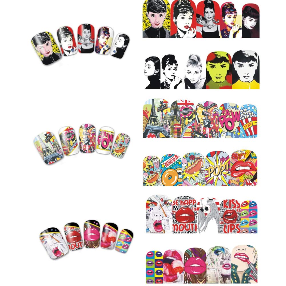 Towenm 12 Sheets Nail Art Stickers Water Transfer Nail Decals for Nail Art, Trendy Marvel Nail Wraps, Sexy Lip Pop Star Nail Decals, Manicure Nail Wraps, Red Kiss Lips Sexy Girl Pattern Nail Sticker - 120 Patterns
