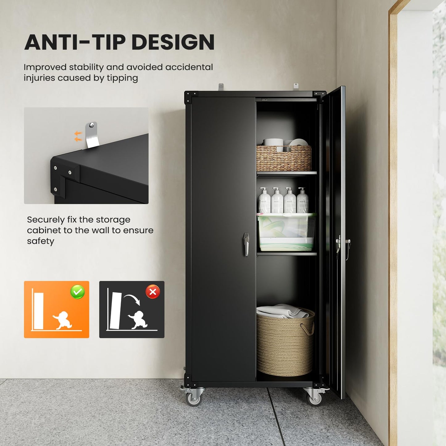 DUMOS 72" H Black Metal Garage Storage Cabinets with Lock Door, Adjustable Shelves and Wheels, Steel Tool Cabinets for Home,Office,Warehouse