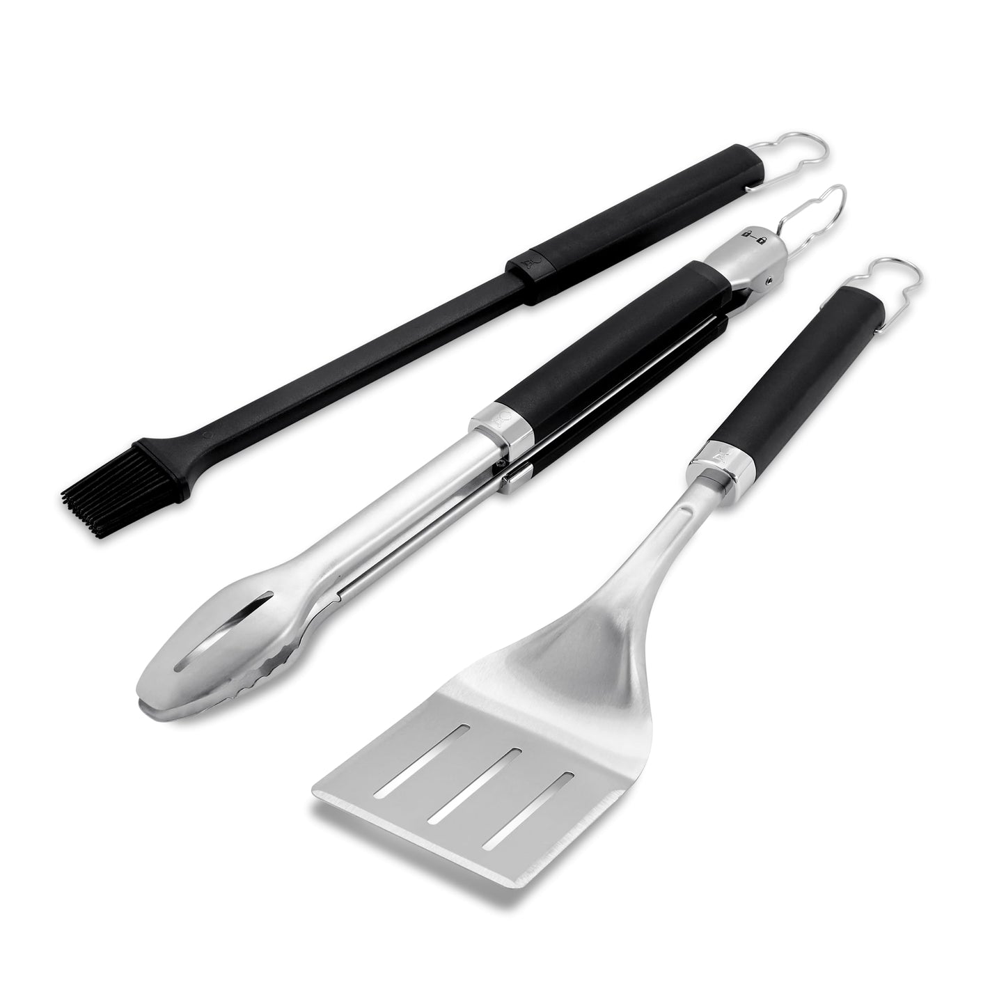 Weber Precision 3âPiece Grilling Tool Set â Stainless Steel Tongs, Spatula & Silicone Basting Brush with NonâSlip Handles and HandsâFree Locking