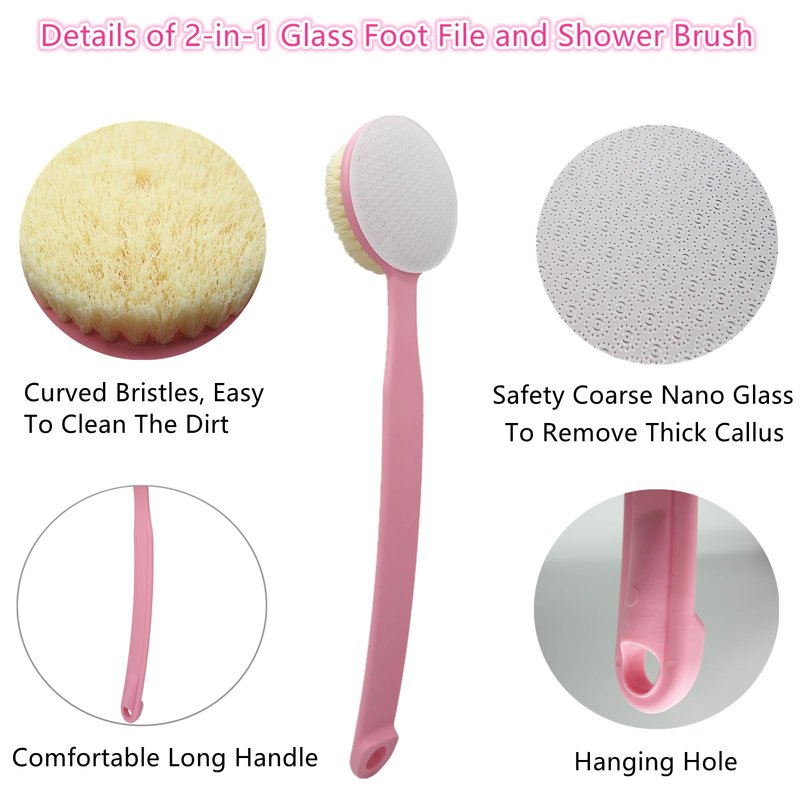 YIOYOODA Nano Glass Foot File Callus Remover, 13.7" Long Handle Foot Scrubber Brush, 2-in-1 Pedicure Tool Hard & Dead Skin Remover, Back Scrubber Body Brush for Shower Deep Cleansing Exfoliating, Pink