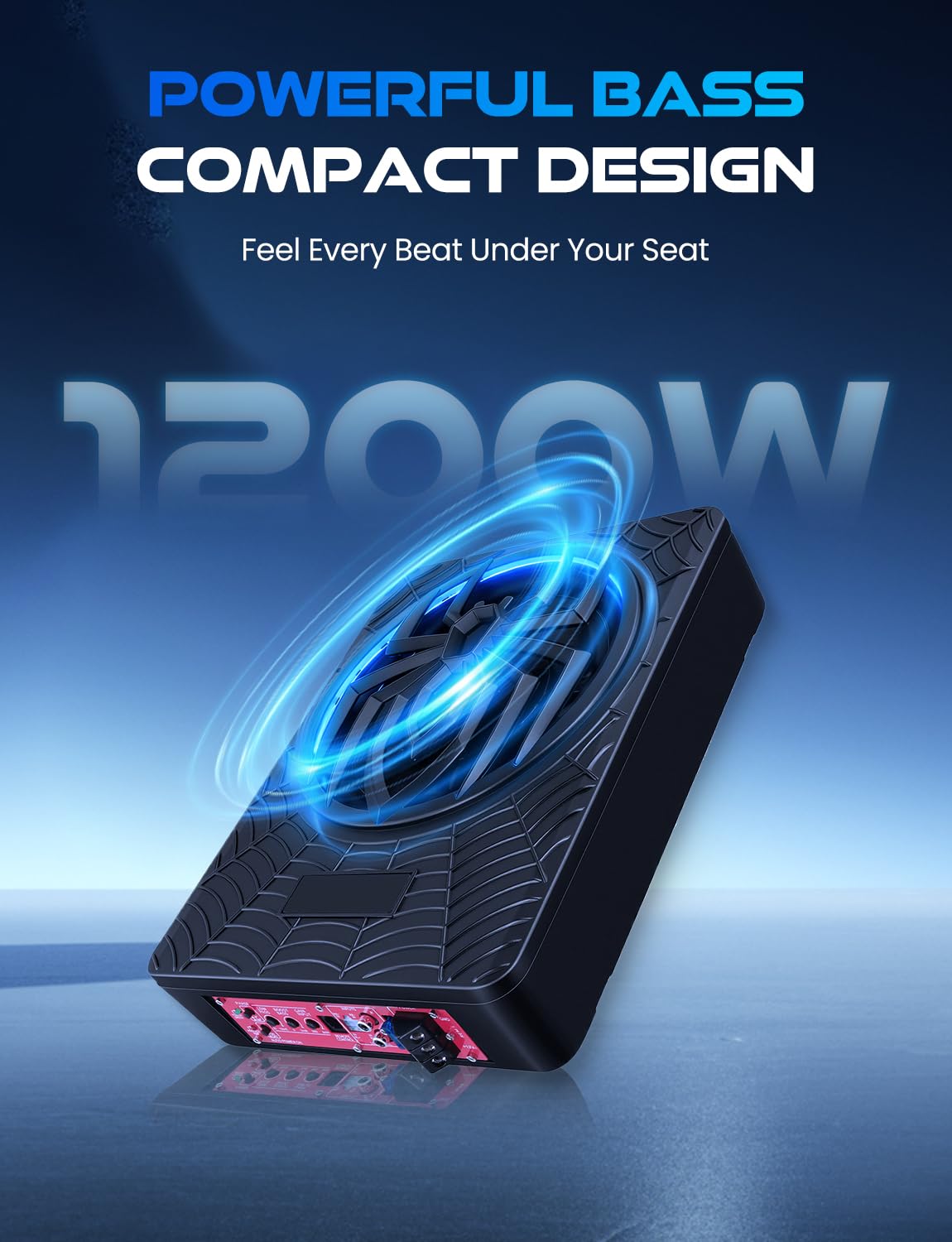 1200W Powered Under Seat Car Subwoofer with Built-in Amplifier, Slim Low Profile Subwoofer for Car Audio Upgrade, Adjustable Bass Control, Beat-Synced RGB Lighting