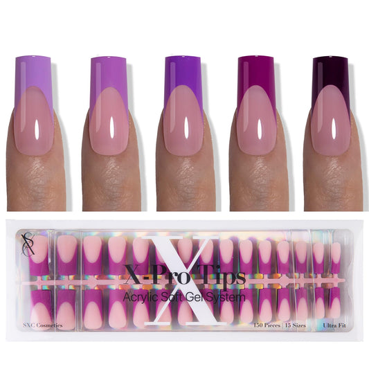 SXC Cosmetics French Tip Press On Nails 150 Pieces in 15 Sizes Ultra Fit with Pre-applied Tip Primer and Base Coat, No Need to File Fake Nails for Nail Art DIY X-Pro Tips (5PURPLE117-M Square)