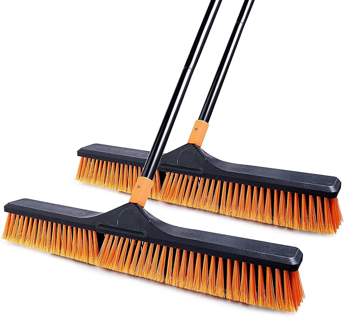 CLEANHOME 24âPush Broom Brush for Floor Cleaning with 65â Long Handle and Stiff Bristles, Heavy Duty Brush for Shop, Deck, Garage, Concrete,Indoor and Outdoor Broom 2 Set,Orange