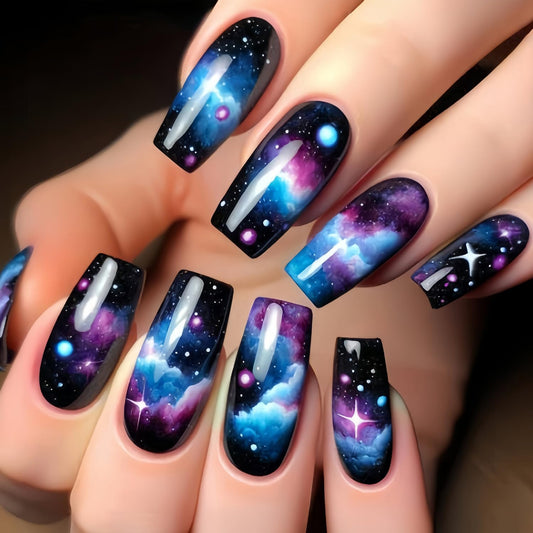LOPMNGHT 24Pcs Press on Nails Medium Length Starry Sky Smudge False Nails Black Gradient Acrylic Nails Full Cover Stick on Nails Artificial Nails Reusable Glossy Glue on Nails for Women