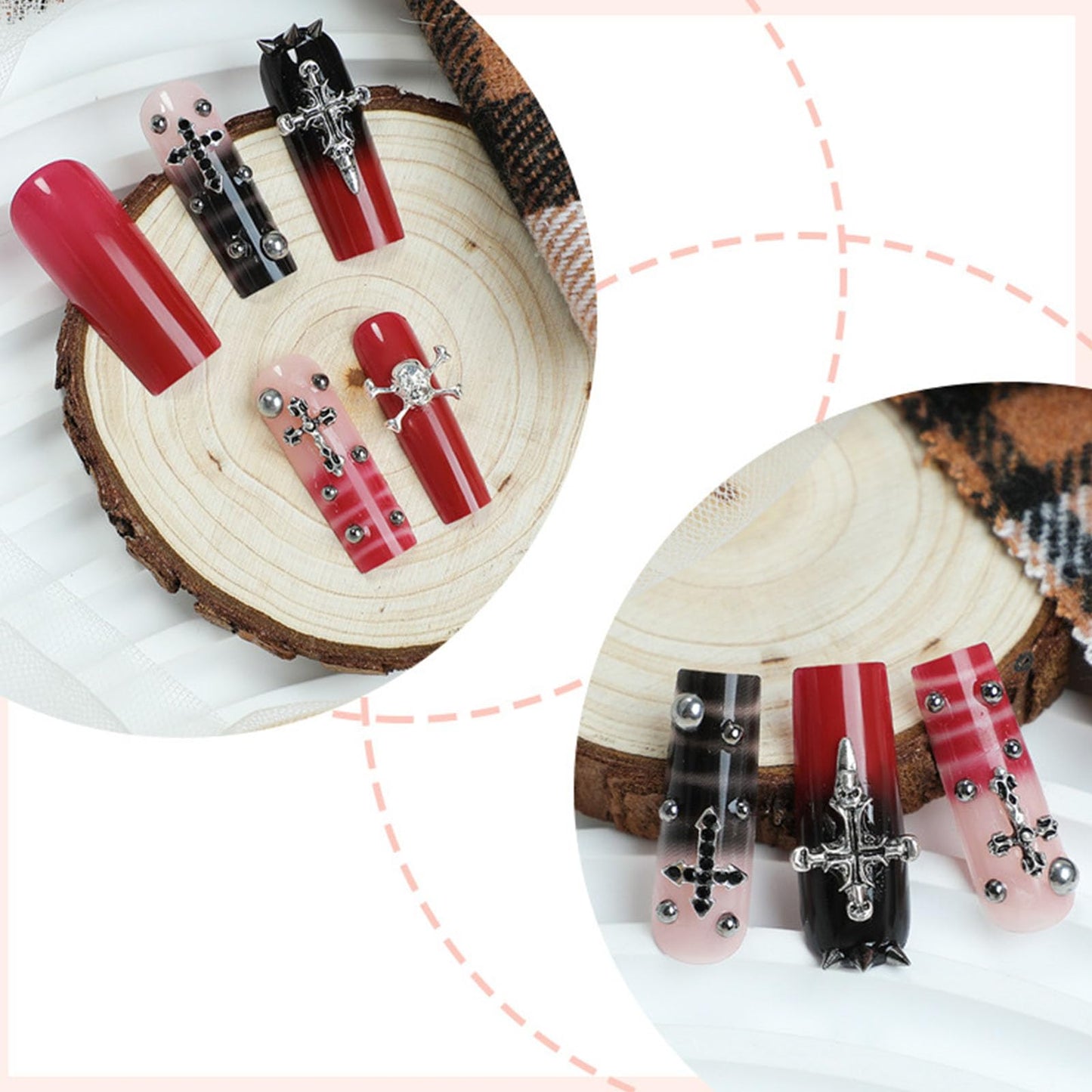 IMRAIN Long Press on Nails Square Red Black Gradient Fake Nails Punk Cross & Rivets Glue on Nails Full Cover Acrylic Stick on False Nails Goth Squoval Nail Manicure for Women Girls
