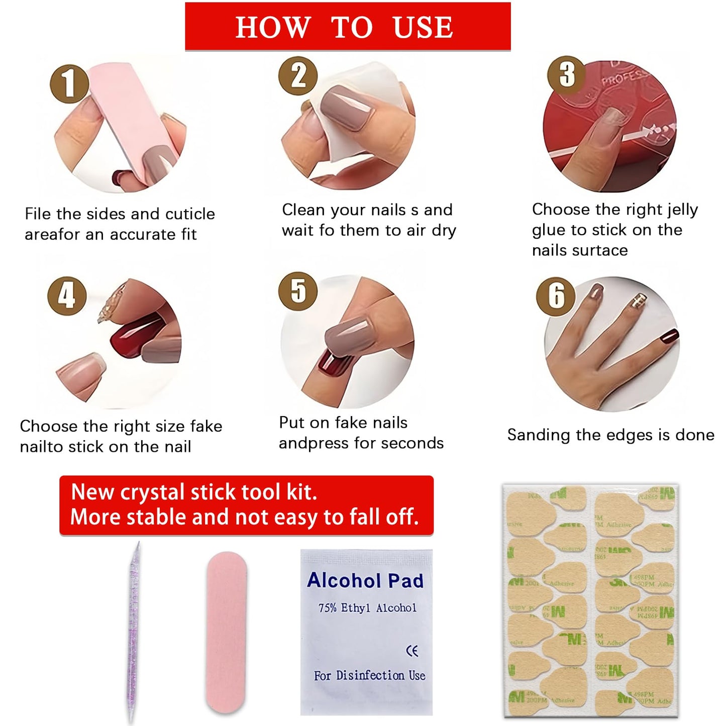 24Pcs Dark Red Press on Nails Medium Almond Fake Nails Floral with Golden Pearls Design Reusable False Nails Kit Red Five-Petal Flower Full Cover Artificial Stick on Nails for Women Girls Manicure