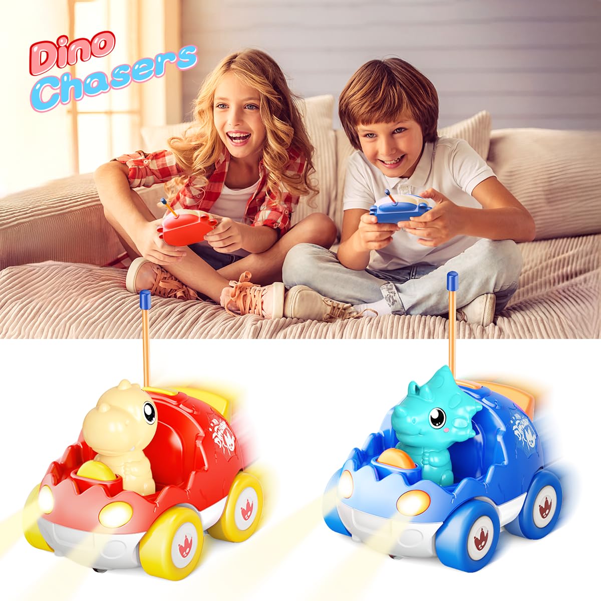 Kidz do 2 Pack Dinosaur Remote Control Cars Toys for Kids 2 3 4 5 Years Old, Easter Present Birthday Gifts for Boys and Girls Ages 2-5, Dino Race Car Toddlers Toys with Music and Light(Red Blue)