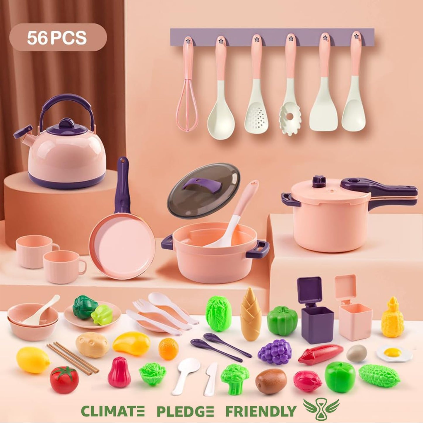 56Pcs Mini Play Kitchen Accessories for Kids, Pretend Cooking Playset with Cookware, Tableware & 2 Fruit Sets, Learning Gift for Girls, Boys, Toddlers, Pink