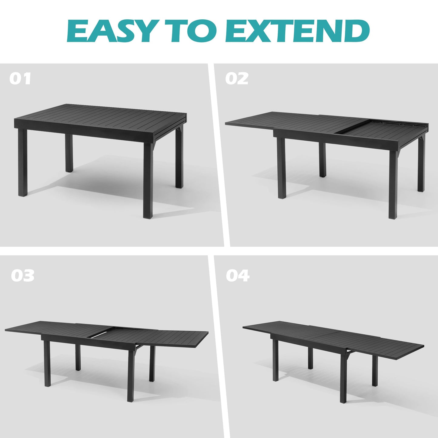 VredHom Expandable Patio Outdoor Dining Table for 8-10, 53" - 106" Aluminum Extendable Table, All-Weather Rectangle Deck Garden Furniture