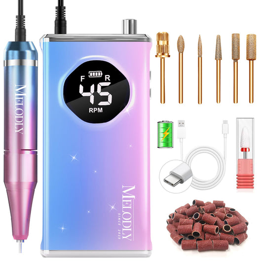 Electric Nail Drill File Professional 45000 RPM, Melodly Rechargeable Electric Nail File Machine Kit for Acrylic Gel Nails Polishing Removing, Portable Cordless Efile with Gold Bits Kit at Salon Home