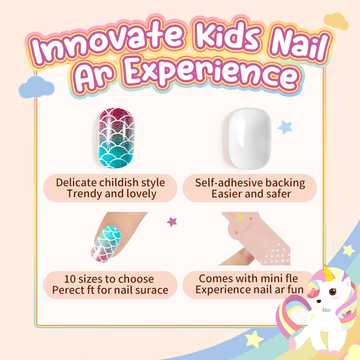 Modelones Press on Nails for Kids 144Pcs 6 Pack Children Acrylic Fake Nails Pre-glue Full Cover Glitter Color Mermaid Beach Short False Nail Art Kits Sets Gifts for Girls