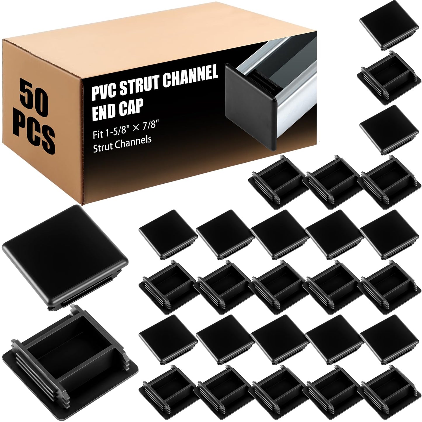 MorningRo 50 Pcs 1-5/8" Black Square Plastic Strut Channel End Caps PVC Strut Channel Safety End Caps Rectangle Plug Frame Protectors"