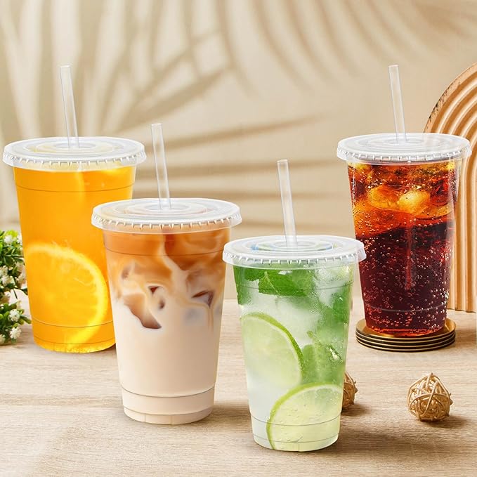 Lamosi 16 OZ Clear Plastic Cups with Lids and Straws 50 Pack, Disposable Iced Coffee Cups with Lids for To-Go Cold Drinks, Smoothies and Slushie