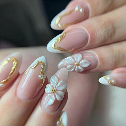 Almond Press on Nails Medium Fake Nails French Artificial Nail White Flowers and Gold Charm Stick on Nail for Women 24pcs