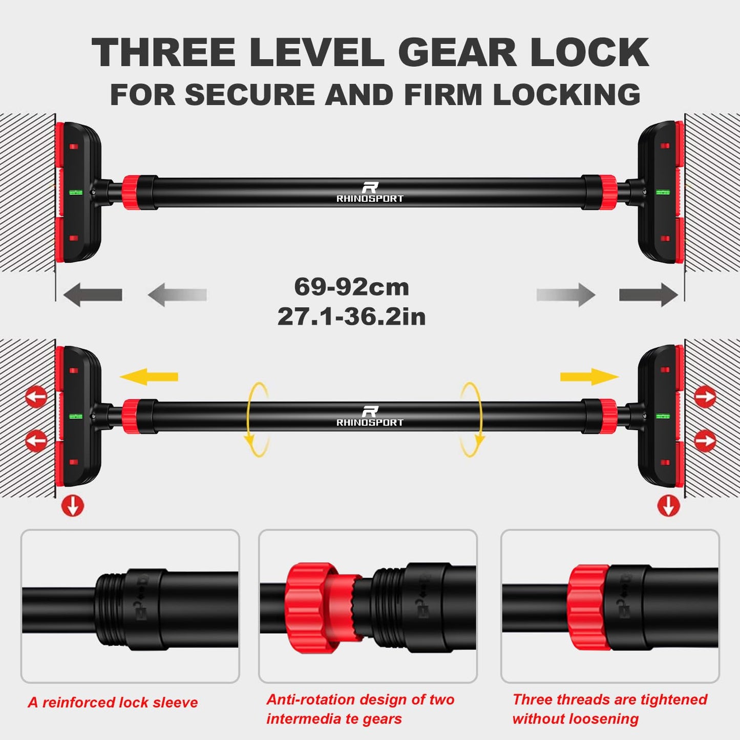 RHINOSPORT Door Pull Up Bar Doorway No-Screw from 69-92 cm (27.1in-36.2in) Workout Equipment for Home Gym Upper Body Workout Non-slip 2x EXTRA Foam Padding for Ultimate Door Frame Protection