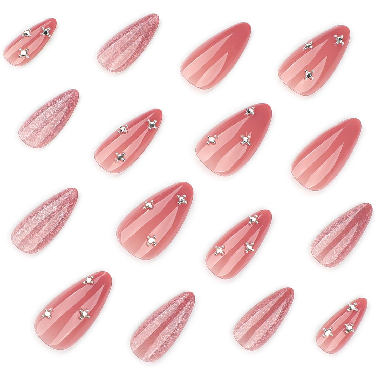 Pink Press On Nails Almond Medium Fake Nails Glitter With Rhinestone Design False Nails Press Ons Glossy Acrylic Nails Reusable Glue On Nails For Women Girls
