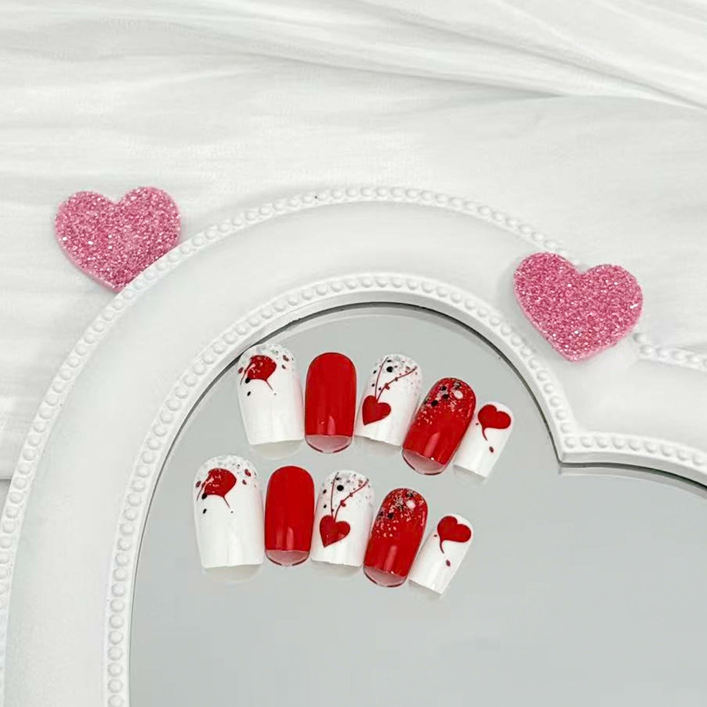 24Pcs Valentines Press on Nails Short Square Red Heart Fake Nails Red Love Design Glue on Nails Glossy Curve Dots False Nails for Women Valentine Nail Decoration for Women Gift