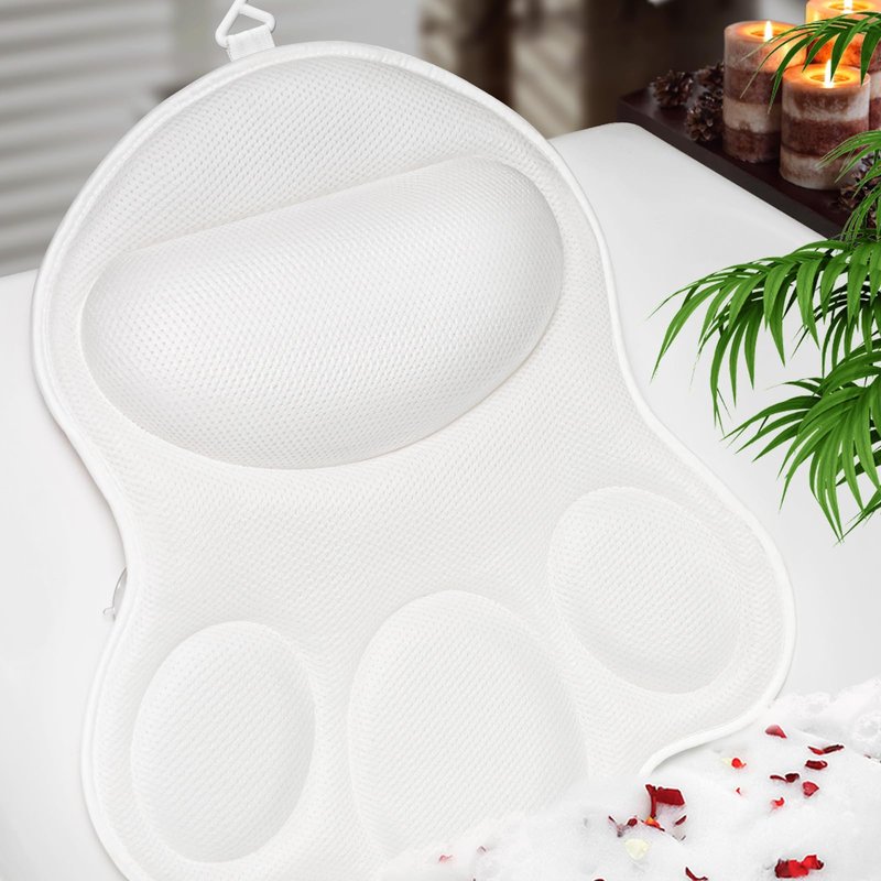 JUSDOO Bath Pillows for Tub Neck and Back Support - Upgraded Non-Slip Rubber Backing & 6 Suction Cups, 4D Air Mesh Spa Bathtub Cushion for Head Rest, Machine Washable with Laundry Bag & Hook(White)