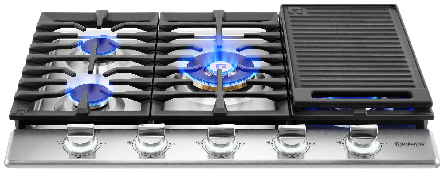 GASLAND Chef Collection 30 Inch Heavy Duty Gas Cooktop, GH4305SF 5 Burner Propane Stovetop with Backlit LED Knobs, Dishwasher Safe Grates, Reversible Cast Iron Grill/Griddle, NG/LPG Convertible