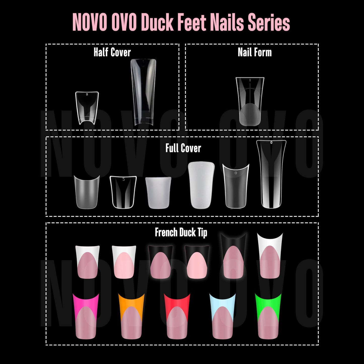 NOVO OVO Halloween Extra Thick Duck Feet Nail Tips Full Cover with Moon Curve for Press on Acrylic, Medim Long Clear Pre-Etched Matte Flare Wide French Soft Gel False Nail Extension x 15 Sizes 240 pcs