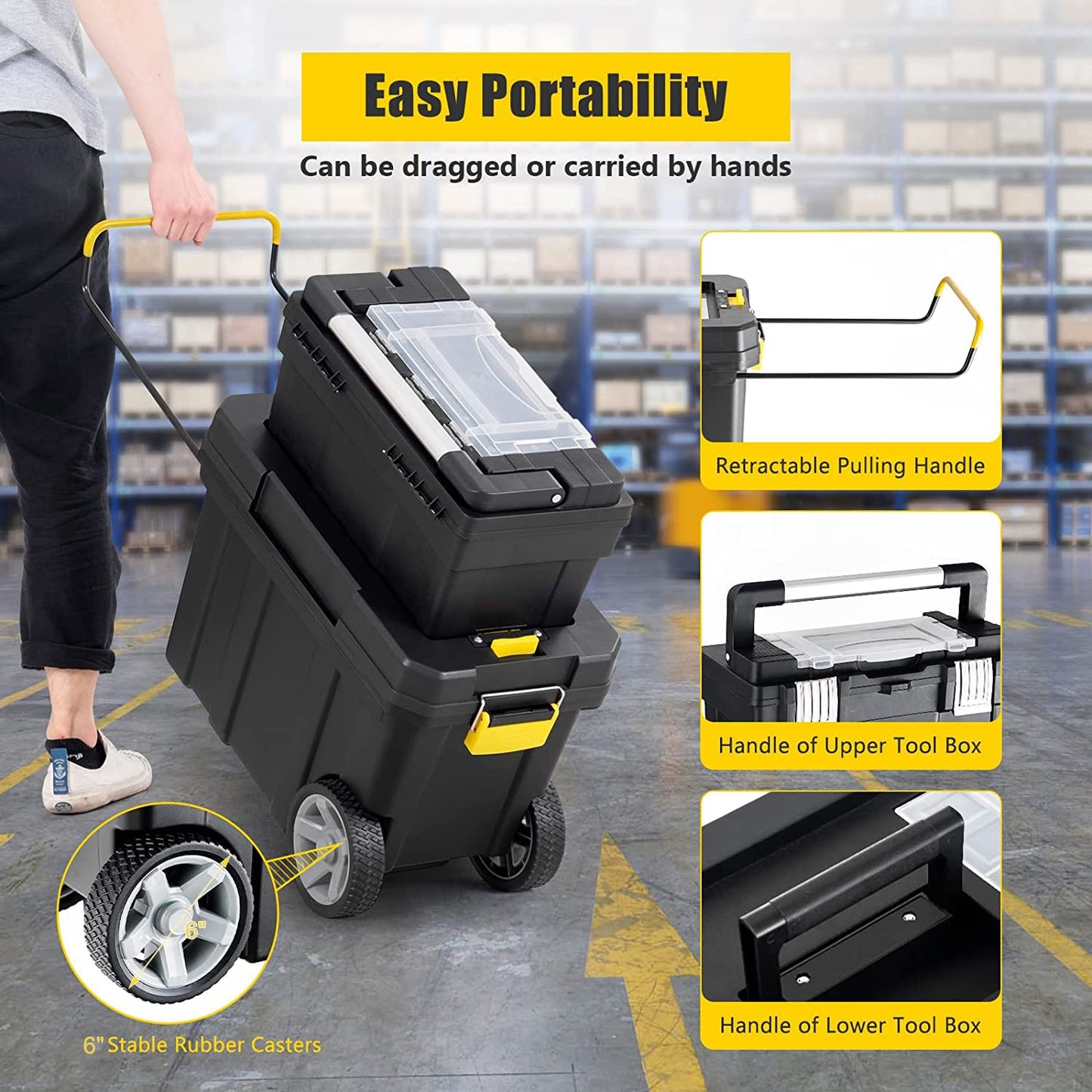 Goplus 2-in-1 Tool Box Portable Rolling Toolbox Storage Solution Multi-Purpose Plastic Organizer Set Mobile Workshop with Wheels