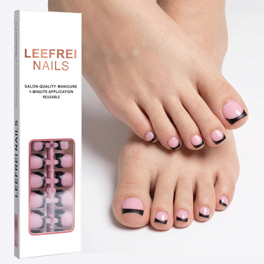 Leefrei Press on Toenails for Women, Short Square Pre-designed Matte Black French Tip Toe Press on Nails Fake Toe Nails for DIY, 15 Sizes 150 pcs Glue on Toe Nail Tips Extensions (TPSN02)