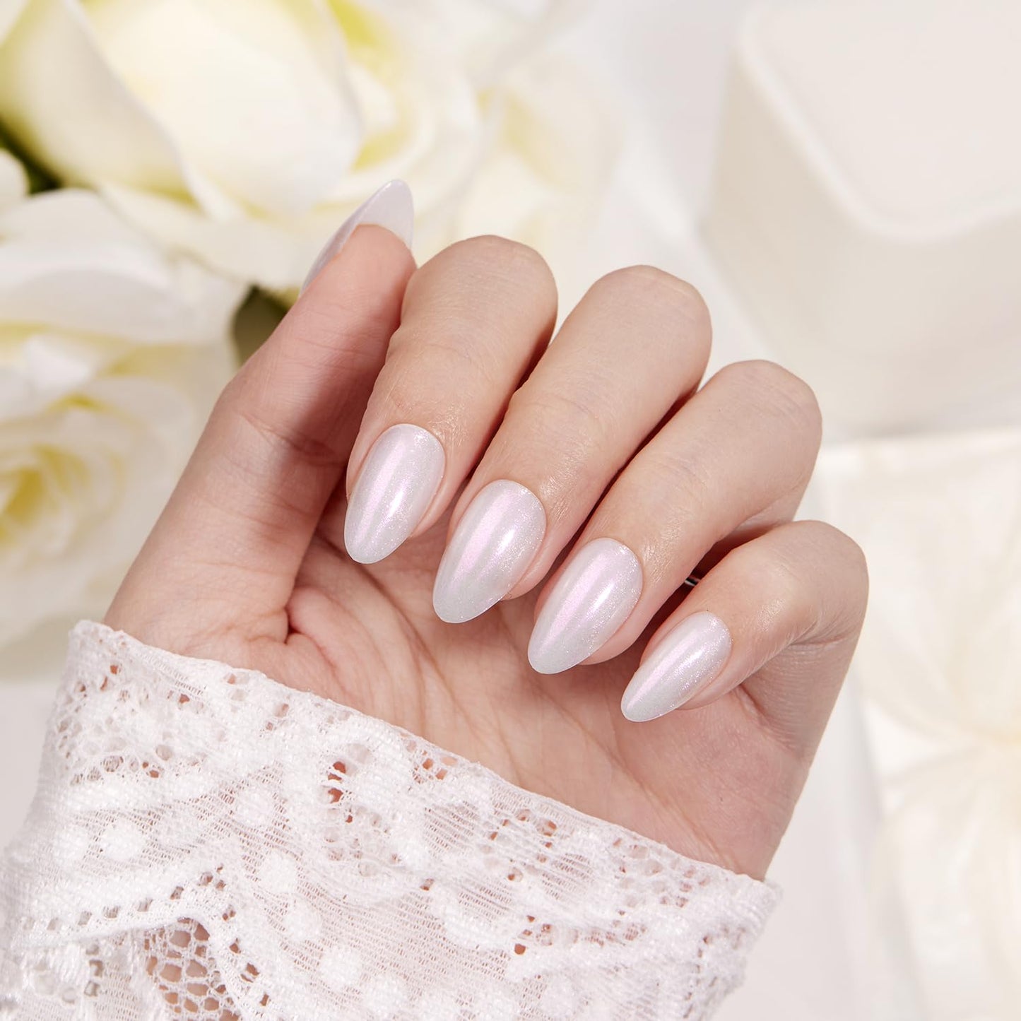 VSALON Press On Nails Short Almond, Shimmer White Opaque Fake Nails & Blue Cat Eye Mini Pack