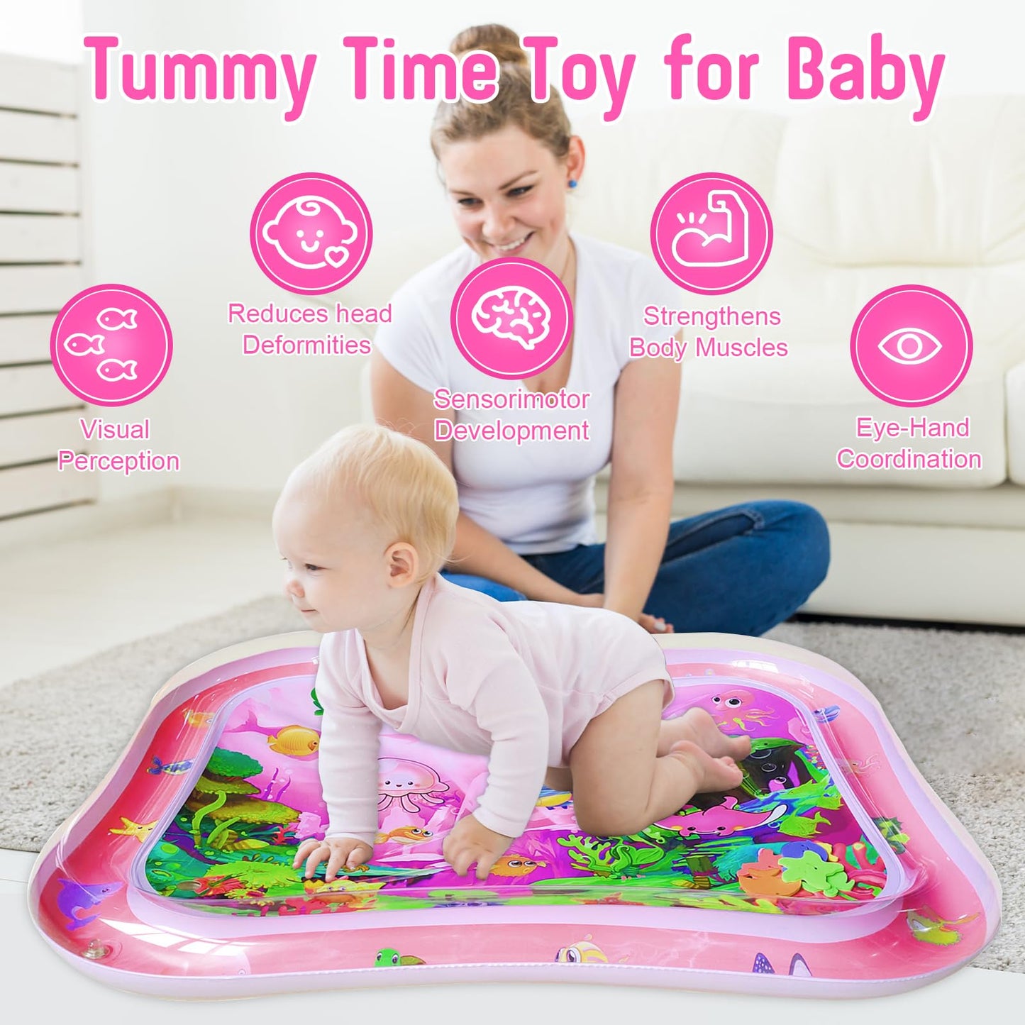 GARNHLOB Baby Water Mat Large 37.4"x29.9", Safe Inflatable Tummy Time Water Play Mat for Infants & Toddlers with Climate Pledge Friendly, Newborn Sensory Water Pad for Christmas Gift (Pink)