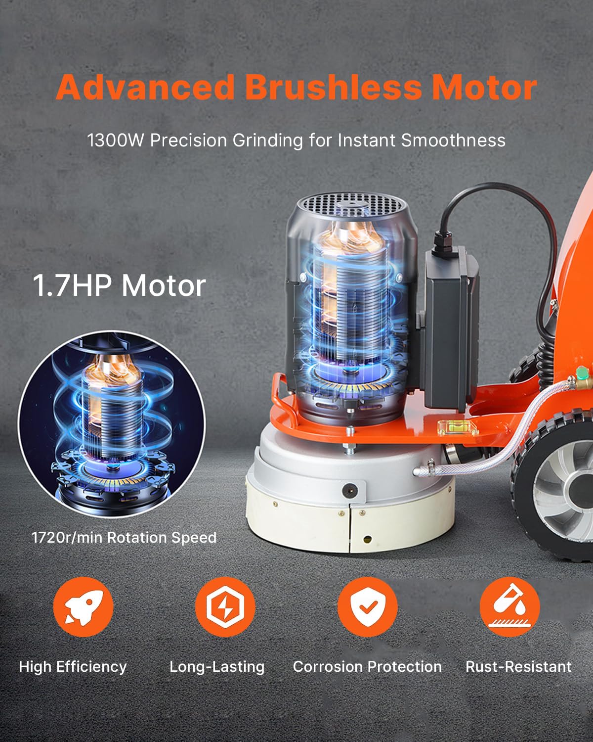 VEVOR 10" Electric Concrete Floor Grinder, 1.7HP Walk-Behind Polisher, 1300W Grinding Machine with 1720RPM Brushless Motor, Heavy-Duty Surfacing Tool for Granite and Concrete Floors