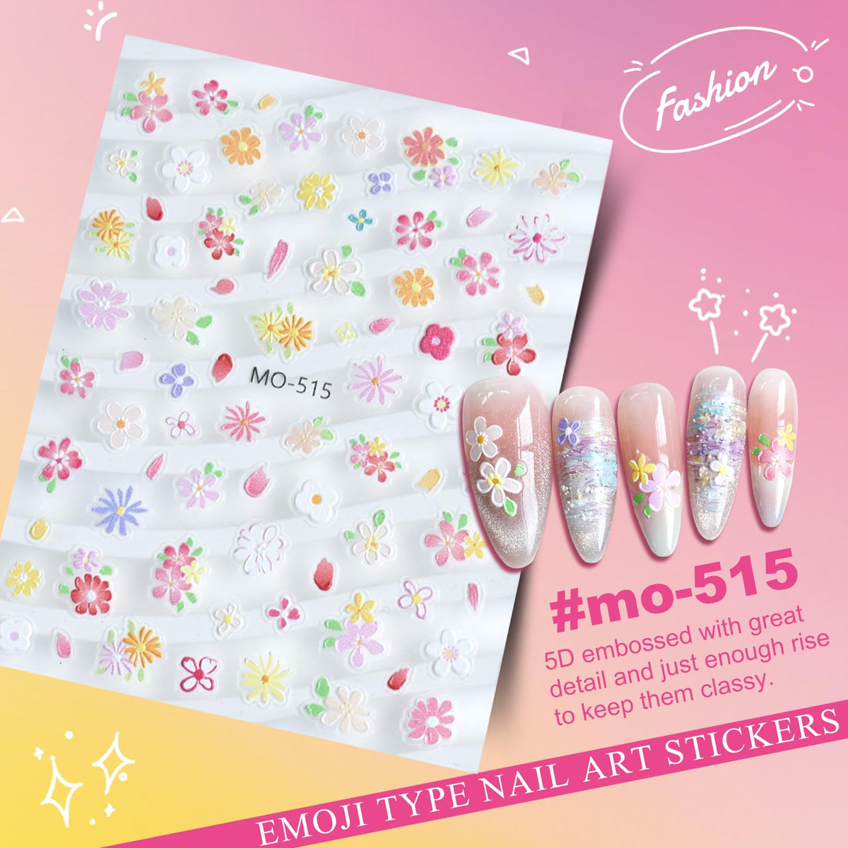 Flower Nail Art Stickers 5D Embossed Nail Decals for Nails Art Design Self-Adhesive Spring Summer Daisy Floral Leaf Plant Nail Accessories for Women Manicure DIY Art Decoration 6 Sheets YX1226