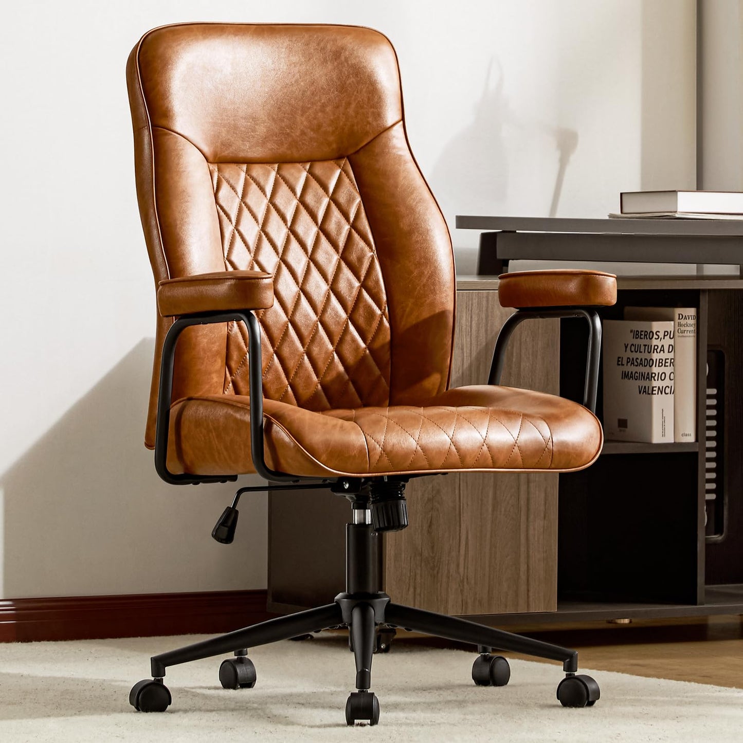 Furnistyle Leather Home Office Desk Chairs, Comfy Office Chair, Mid Century Modern Office Chair with Lumbar Support, Mid-Back Adjustable Swivel Computer Chair with Wheels and Arms, Brown